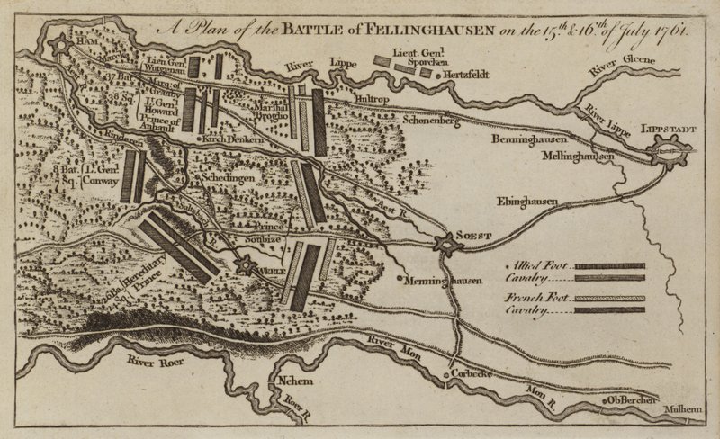 Plan van de Slag bij Villinghausen, Duitsland, Zevenjarige Oorlog, 15-16 juli 1761 door English School