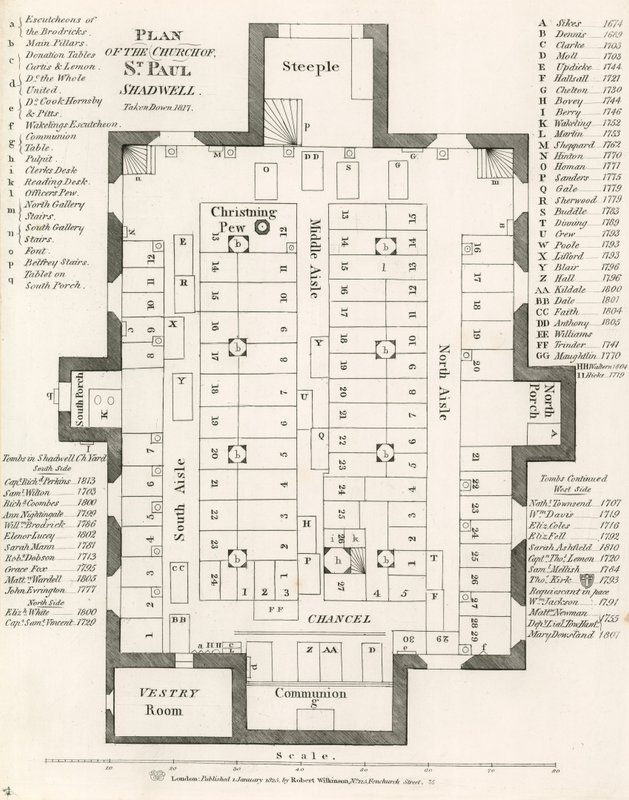 Plattegrond van de kerk van St. Pauls, Shadwell, Londen, afgebroken in 1817 door English School