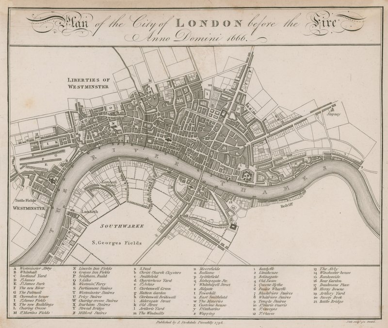 Plan van de stad Londen voor de brand van 1666 door English School