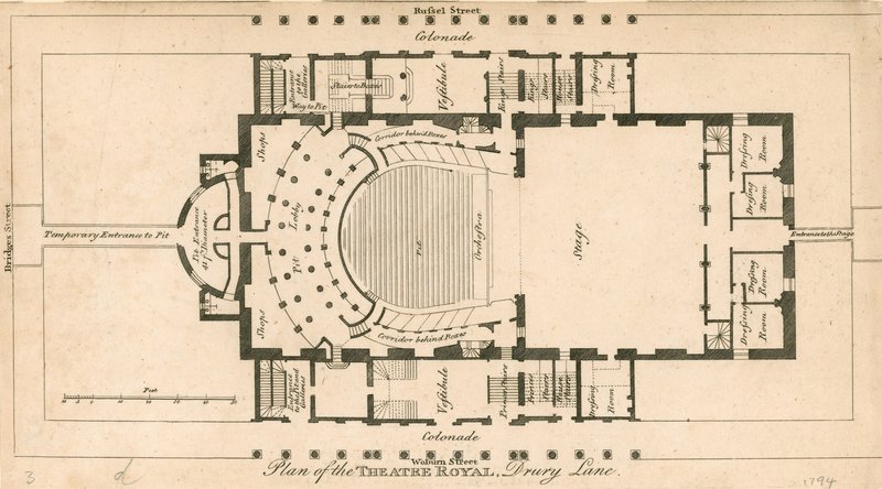 Plan van het Theatre Royal, Drury Lane, Londen door English School