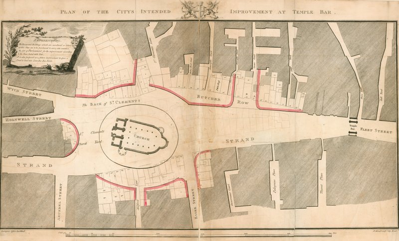 Plan van de voorgenomen verbetering van de stad bij Temple Bar, Londen door English School