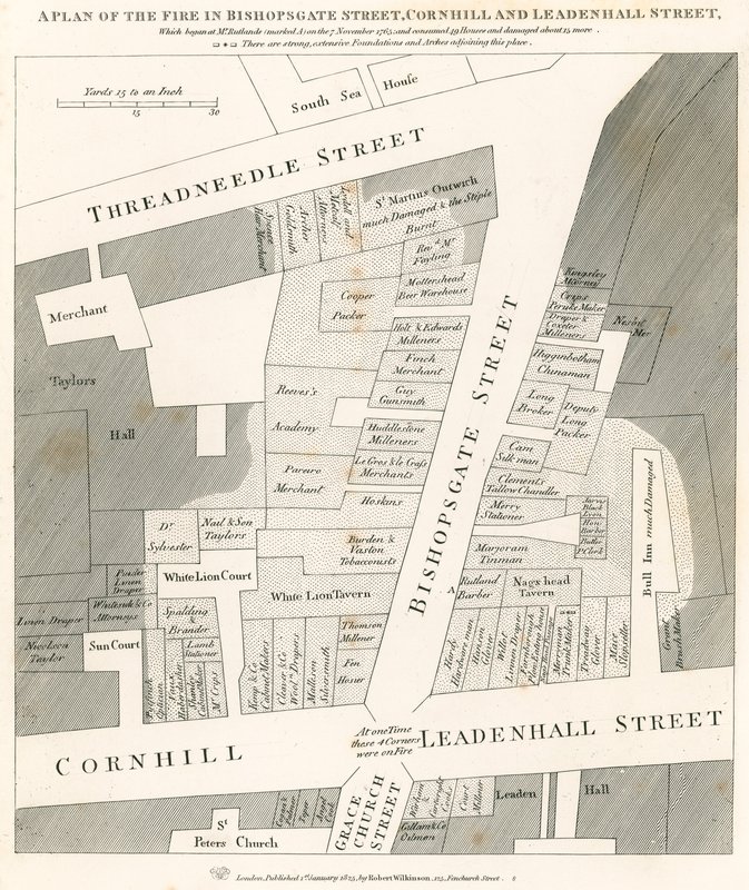 Plattegrond van de brand in Bishopsgate Street, Cornhill en Leadenhall Street, Londen, die begon op 7 november 1765 door English School