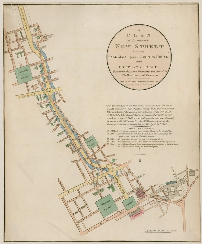 Plan van de beoogde nieuwe straat (Regent Street) tussen Pall Mall en Portland Place door English School
