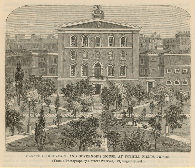 Beplante binnenplaats en Gouverneurshuis in Tothill Fields Prison door English School