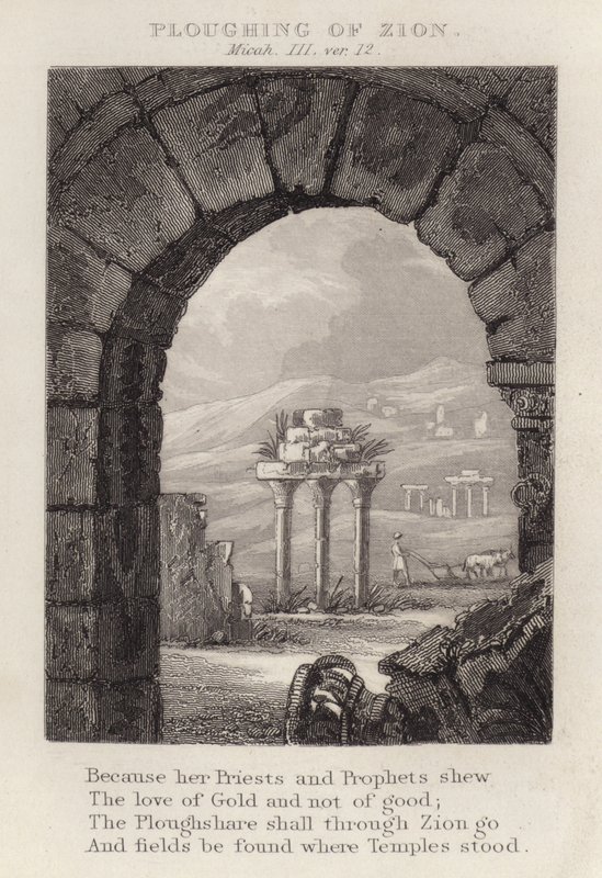 Ploegen van Zion, Micha III, vers 12 (gravure) door English School