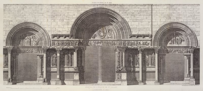 Portaal van de Kerk van St Gilles, Departement du Gard (gravure) door English School