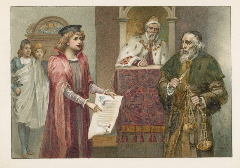 Portia, Shylock en de Rechter in De Koopman van Venetië door English School
