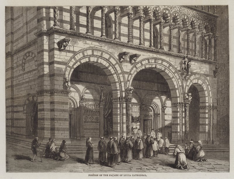 Gedeelte van de Gevel van de Kathedraal van Lucca (gravure) door English School