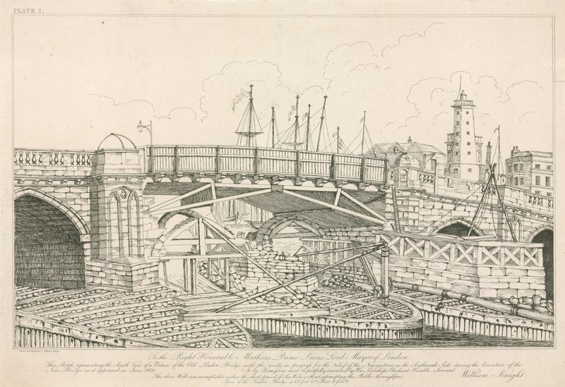 Gedeelte van de oude London Bridge, getekend in 1826 tijdens bouwwerkzaamheden door English School