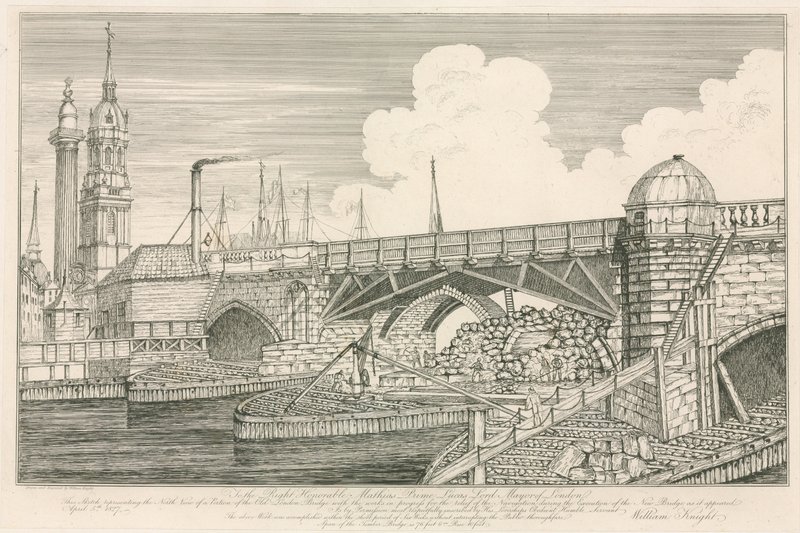 Gedeelte van de oude London Bridge, getekend in 1827 tijdens bouwwerkzaamheden door English School