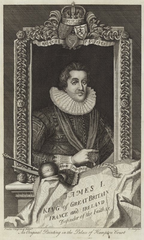 Portret van James I van Groot-Brittannië en Ierland door English School