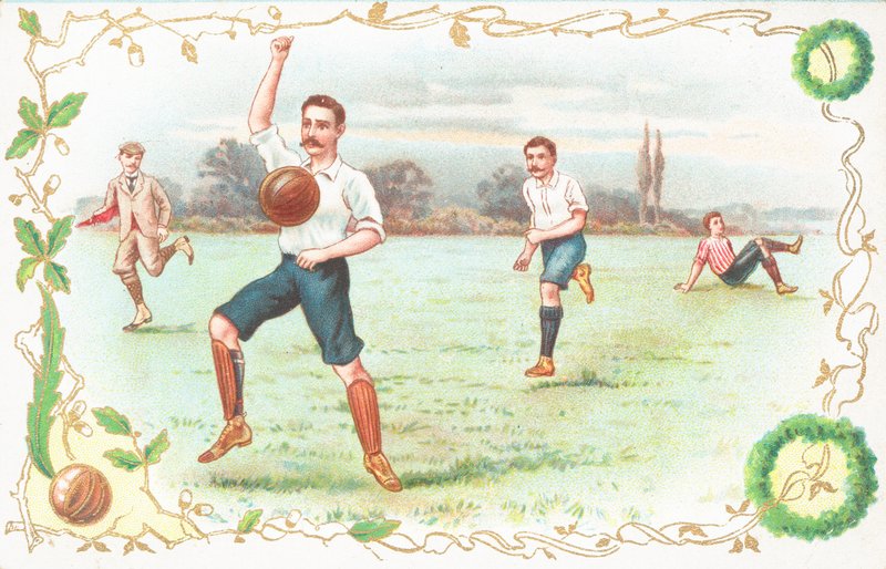 Ansichtkaart met mannen die voetbal spelen door English School