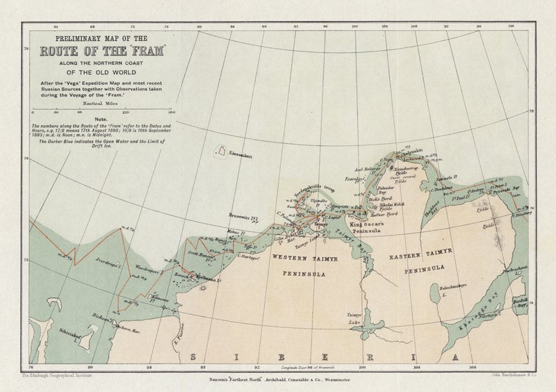 Voorlopige kaart van de route van de Fram langs de noordkust van de oude wereld door English School