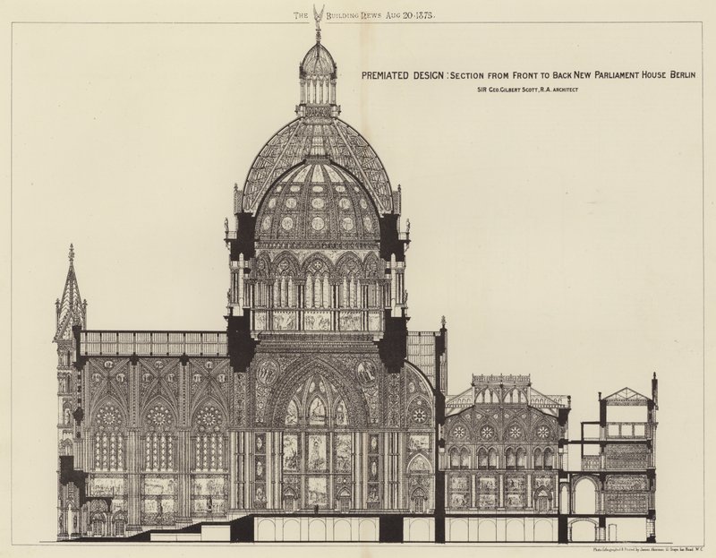 Premiated Ontwerp, Sectie van Voor naar Achter Nieuw Parlementsgebouw Berlijn (gravure) door English School