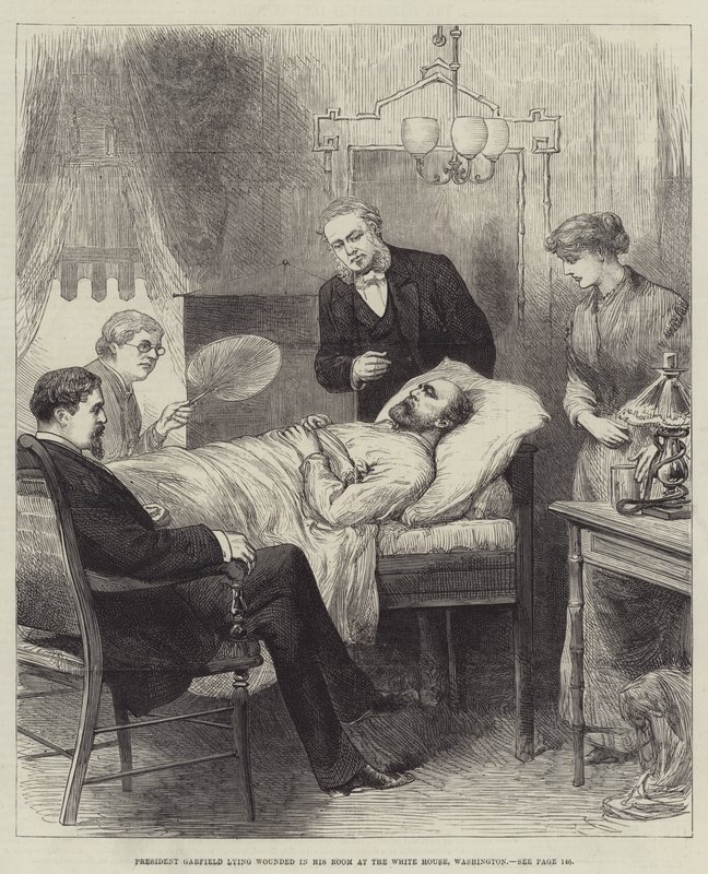 President Garfield gewond in zijn kamer in het Witte Huis, Washington door English School