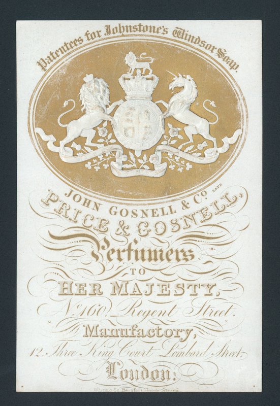 Price en Gosnell, Parfumeurs van Hare Majesteit, handelskaart door English School