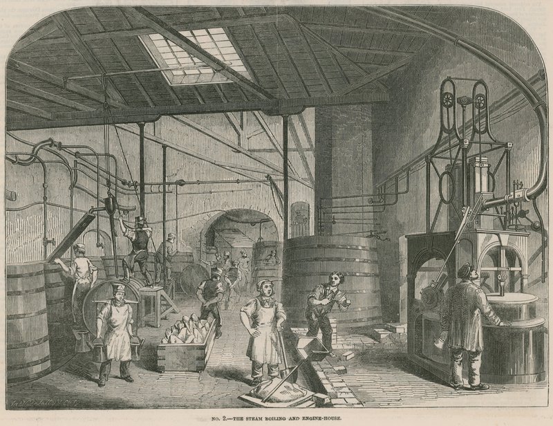 Werken van Prices Patent Candle Company; Het stoomkook- en machinehuis door English School