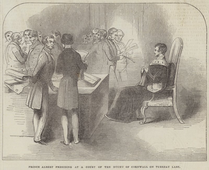 Prins Albert die een Hof van het Hertogdom van Cornwall voorzit afgelopen dinsdag (gravure) door English School