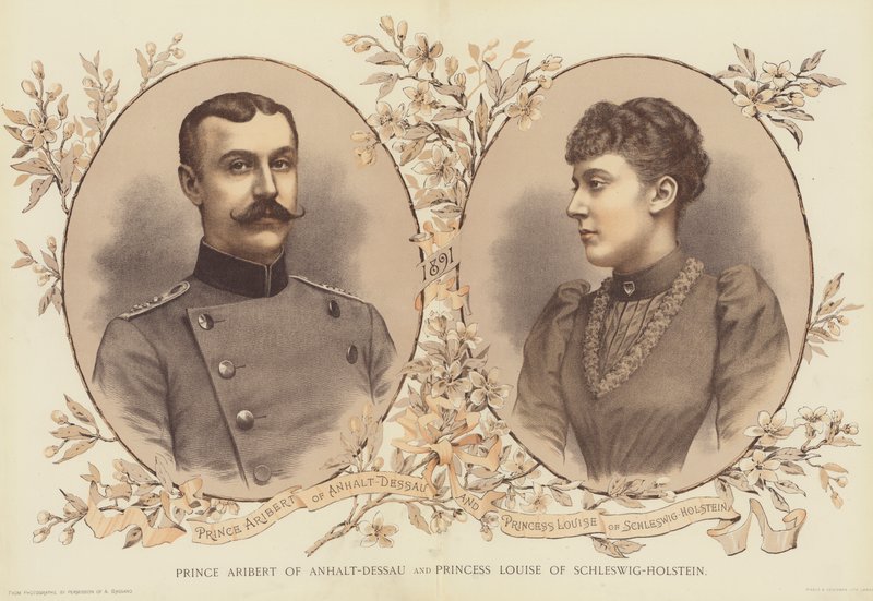 Prins Aribert van Anhalt-Dessau en prinses Louise van Sleeswijk-Holstein (chromolitho) door English School
