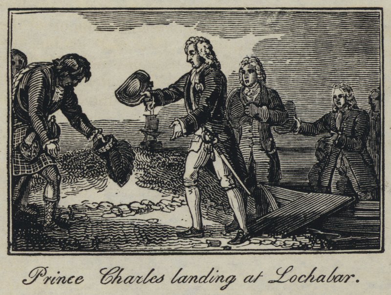 Prins Charles landt bij Lochabar (gravure) door English School