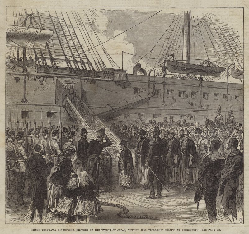 Prins Tokugawa Minbutaiho, broer van de Tycoon van Japan, bezoekt HM troepenschip Serapis in Portsmouth (gravure) door English School