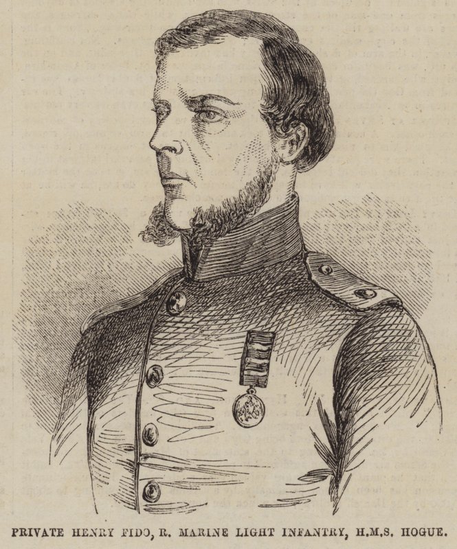 Soldaat Henry Fido, Royal Marine Light Infantry, HMS Hogue (gravure) door English School
