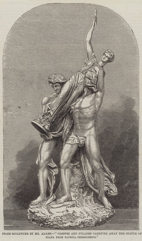 Prijsbeeldhouwwerk door de Heer Adams, "Orestes en Pylades dragen het Beeld van Diana weg uit Taurica Chersonesus (gravure) door English School