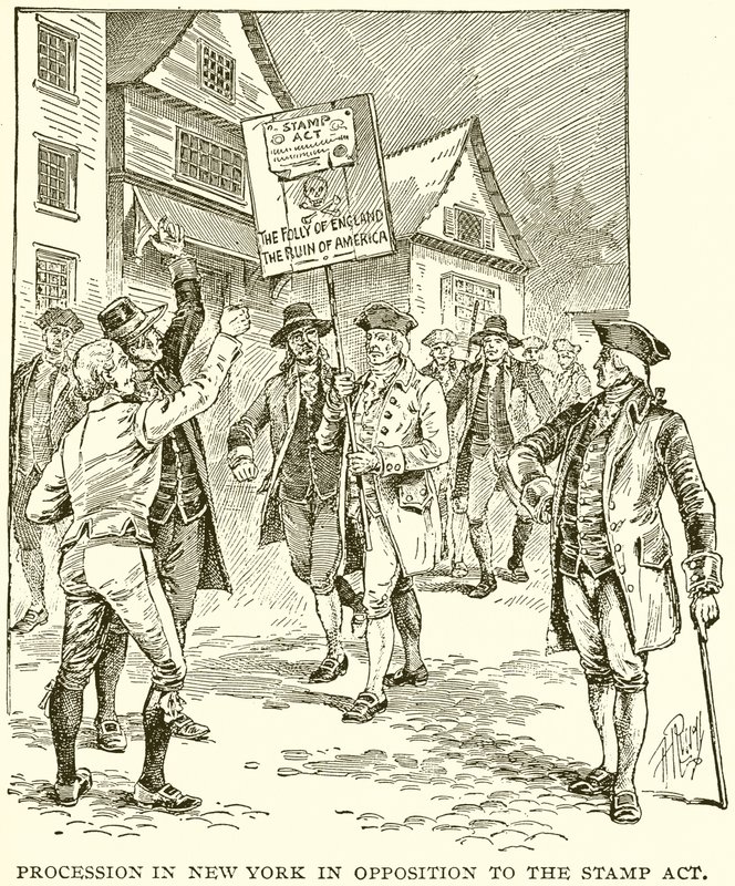 Processie in New York tegen de Stamp Act door English School