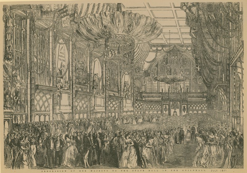 Processie van Hare Majesteit naar het Staatsbal in de Guildhall, Londen, juli 1851 door English School