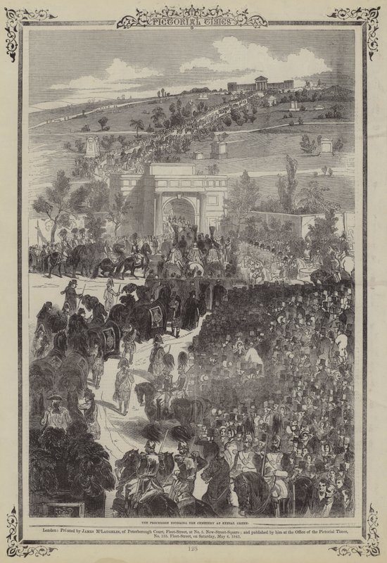 Processie van de Hertog van Sussex die de begraafplaats van Kensal Green binnengaat (gravure) door English School