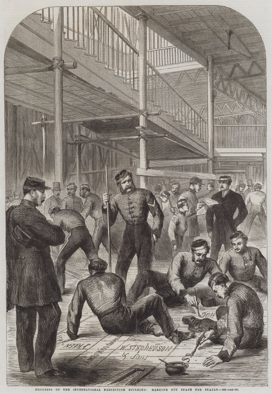 Voortgang van het International Exhibition Building, markeren van ruimte voor stands door English School