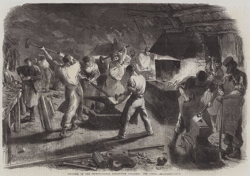 Voortgang van het Internationale Tentoonstellingsgebouw, de smederij (gravure) door English School