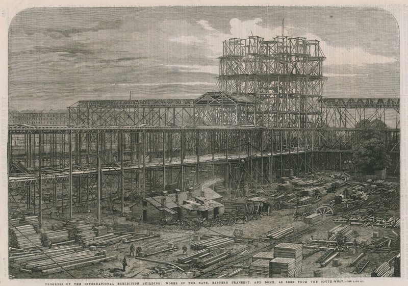 Voortgang op het Internationale Tentoonstellingsgebouw; Werken van het schip, oostelijke transept en koepel door English School