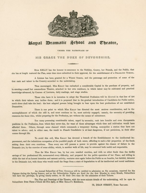 Promotiebrief voor de Royal Dramatic School and Theatre, 73 Dean Street, Soho Square, Londen door English School