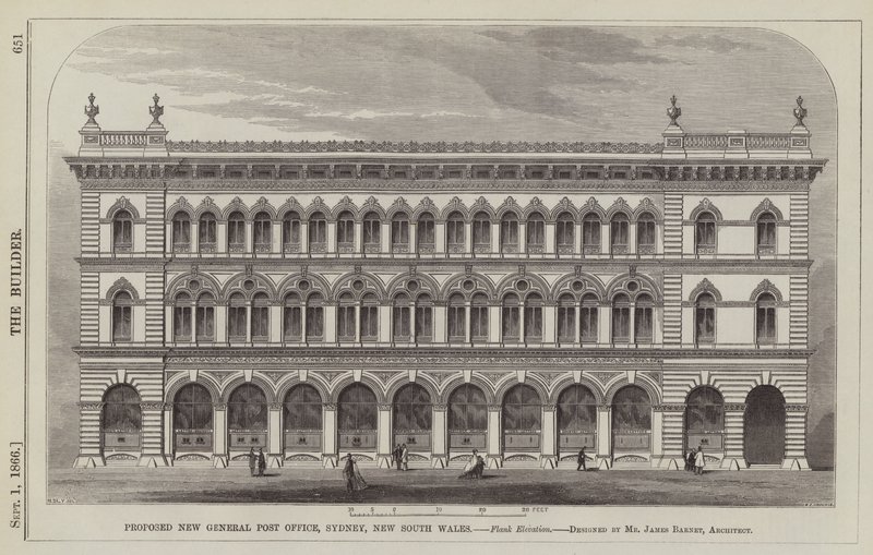 Voorgesteld Nieuw Algemeen Postkantoor, Sydney, New South Wales, Zijaanzicht, ontworpen door Mr James Barnet, Architect (gravure) door English School