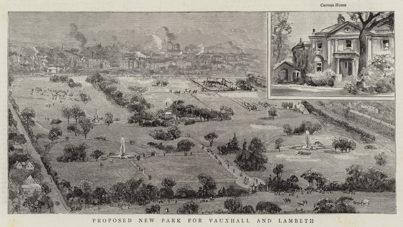 Voorgesteld nieuw park voor Vauxhall en Lambeth (gravure) door English School