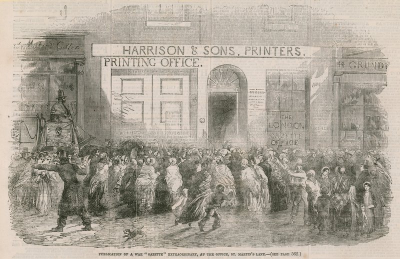 Publicatie van een Oorlogsgazet Extraordinaire, op het kantoor, St. Martins Lane door English School