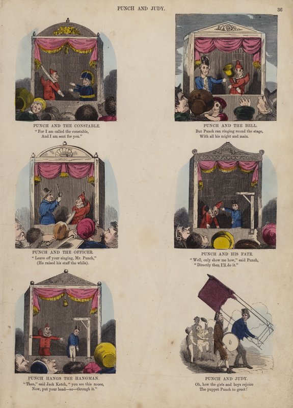 Punch en Judy Show (gekleurde gravure) door English School