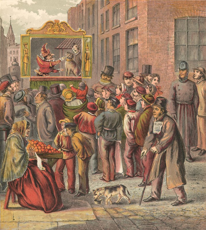 Poppenshow van Punch en Judy op straat door English School