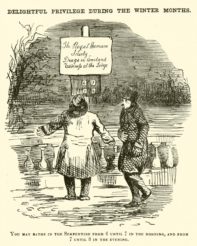 Punch cartoon: Zwemmen in de Serpentine, Hyde Park, Londen door English School