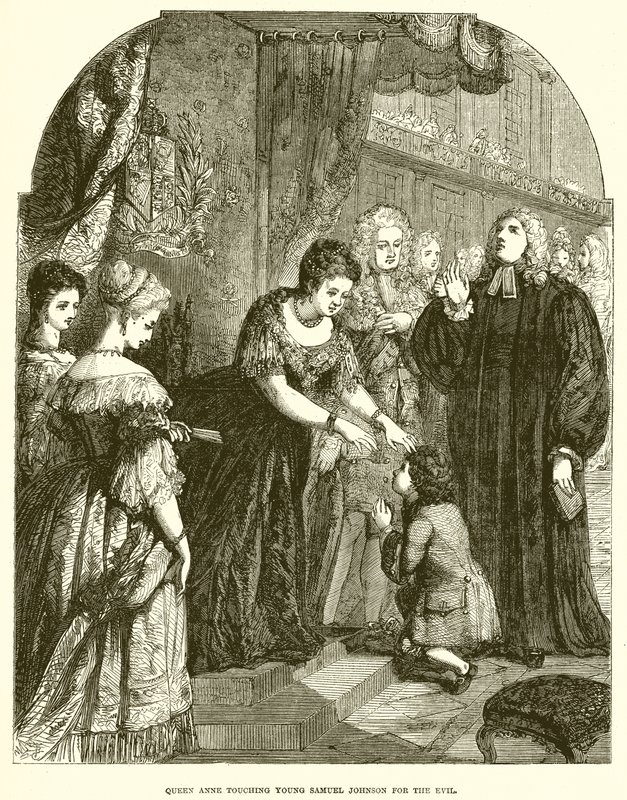 Koningin Anne raakt de jonge Samuel Johnson aan voor de kwaal door English School