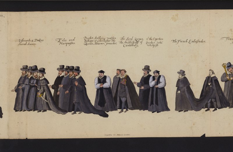 Begrafenisstoet van Koningin Elizabeth I (gekleurde gravure) door English School