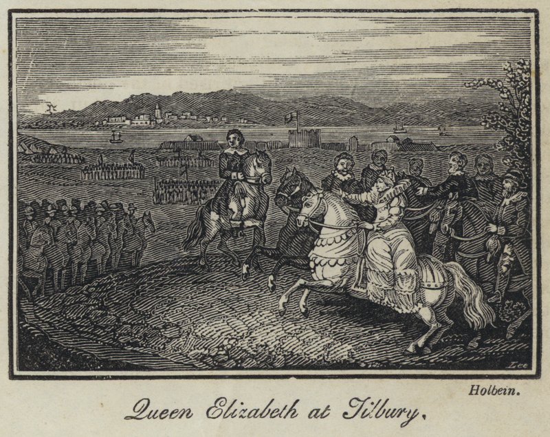 Koningin Elizabeth bij Tilbury (gravure) door English School