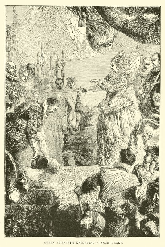 Koningin Elizabeth die Francis Drake tot ridder slaat door English School