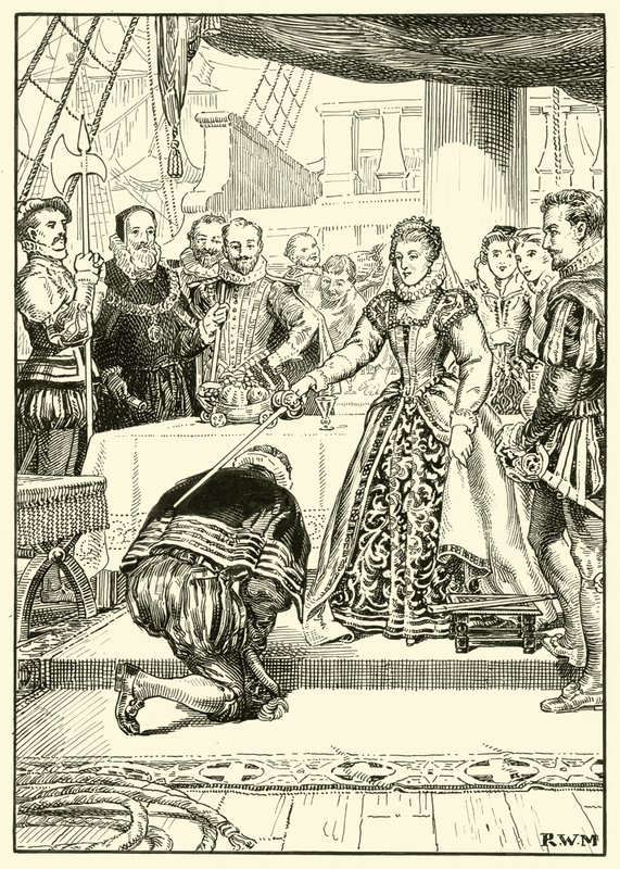 Koningin Elizabeth aan Boord van de Golden Hind door English School