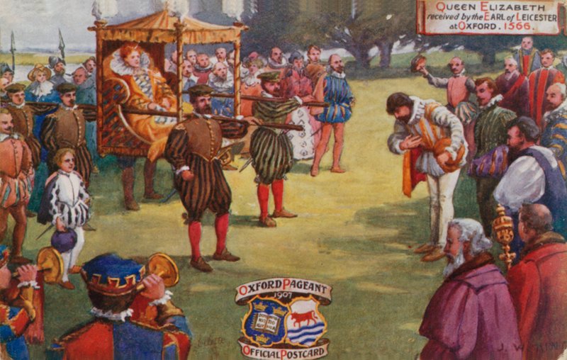 Koningin Elizabeth ontvangen door de Graaf van Leicester in Oxford, 1566 door English School
