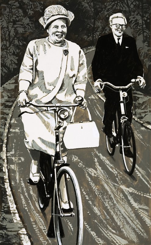 Koningin Juliana op de fiets door English School
