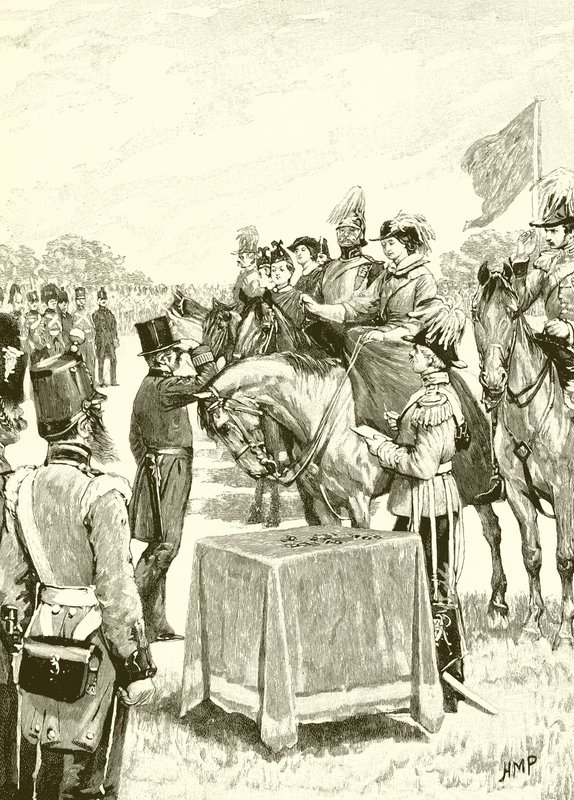Koningin Victoria zit de eerste uitreiking van het Victoria Cross voor door English School