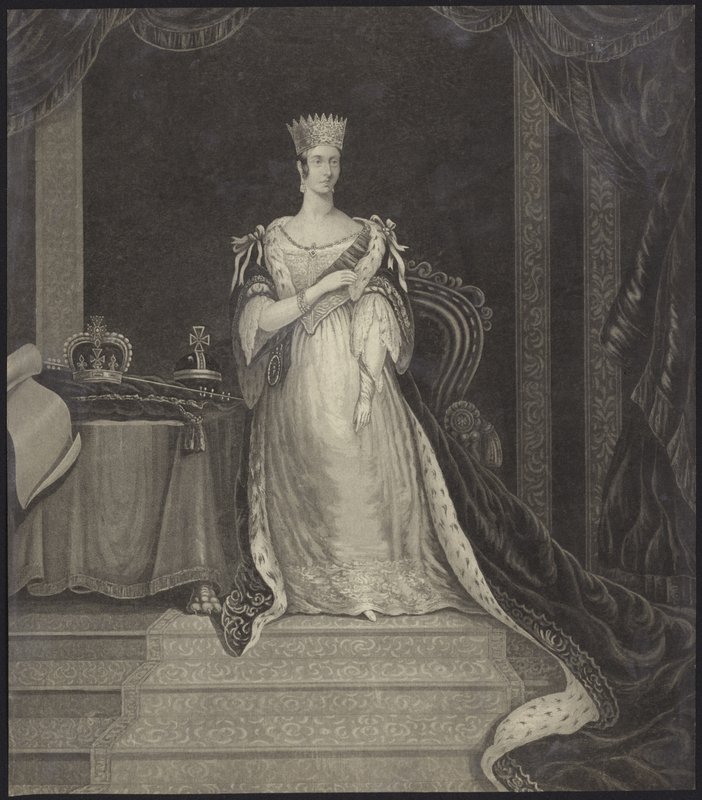 Koningin Victoria zittend naast de kroonjuwelen door English School