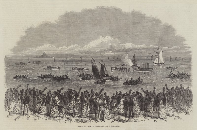 Wedstrijd van zes reddingsboten in Penzance (gravure) door English School